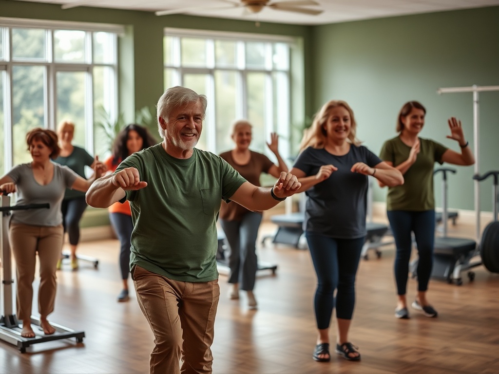 Группа людей занимается физической активностью в современном зале. Все улыбаются и находят удовольствие в занятиях.