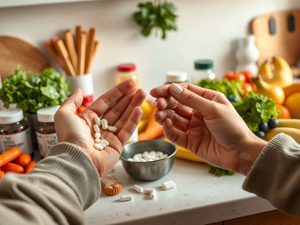 На руках держат таблетки, на столе свежие фрукты и овощи, рядом контейнер с витаминами.